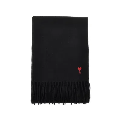 Ami Alexandre Mattiussi Ami Paris Ami De Coeur Wool Scarf With Fringed Edges In Black