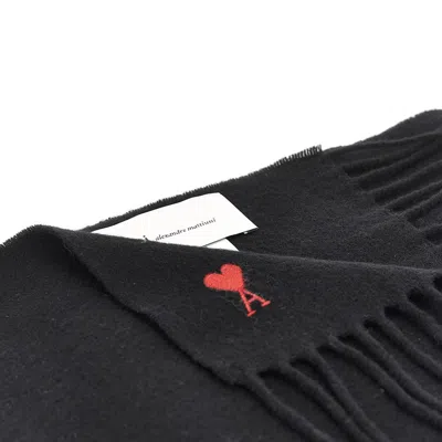 Ami Alexandre Mattiussi Ami Paris Ami De Coeur Wool Scarf With Fringed Edges In Black