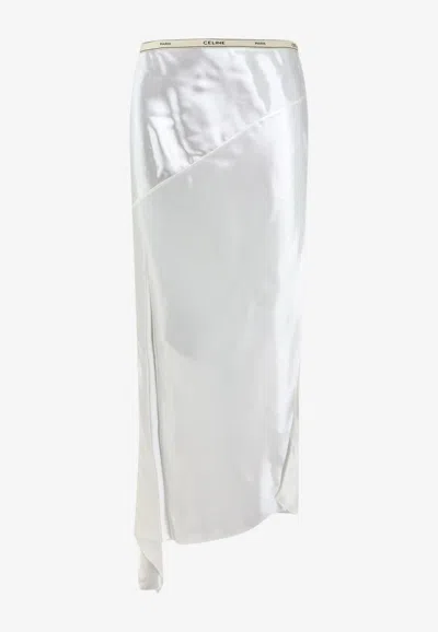 Celine Asymmetric Satin Midi Skirt In Neutral