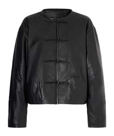 St Agni Button Detail Cocoon Leather Jacket In Black