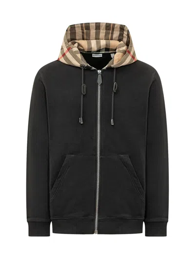 Burberry Cotton Check Pattern Drawstring Hooded Sweater With Front Zip In Black