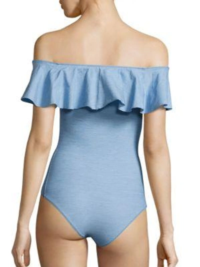 Shop Lisa Marie Fernandez Mira Flounce Off-the-shoulder One-piece Maillot In Faded Denim