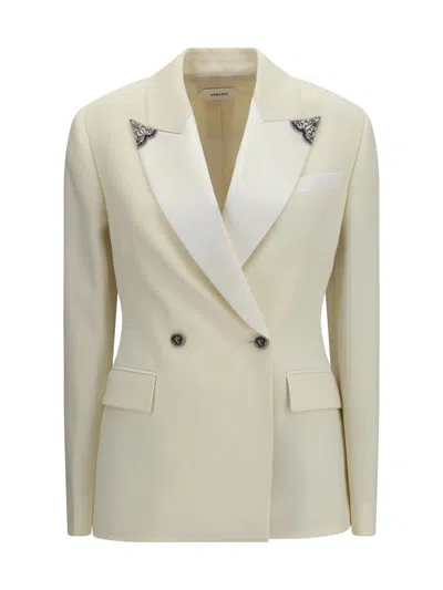 Versace Stretch Wool Blazer With Embroidered Lapels In Neutral