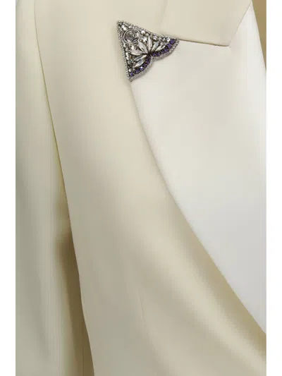 Versace Stretch Wool Blazer With Embroidered Lapels In Neutral