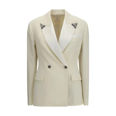 Versace Stretch Wool Blazer With Embroidered Lapels In Neutral