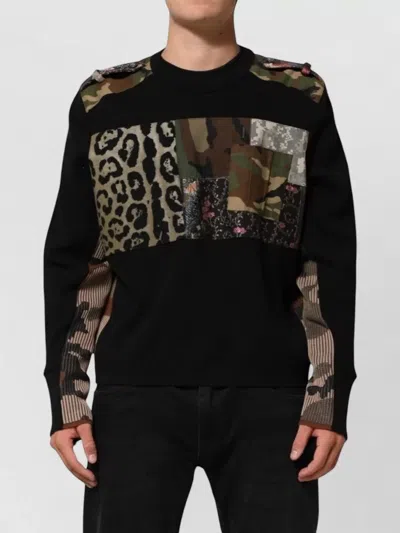 Dolce & Gabbana Black Patchwork Crew Neck Pullover Sweater In Black