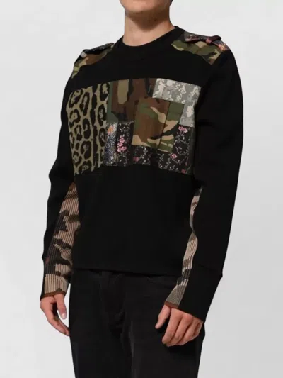 Dolce & Gabbana Black Patchwork Crew Neck Pullover Sweater In Black
