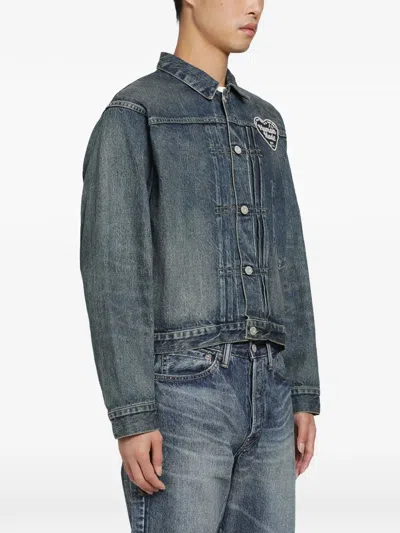 Human Made Logo-patch Pleated Denim Jacket In Blue