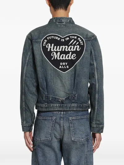 Human Made Logo-patch Pleated Denim Jacket In Blue