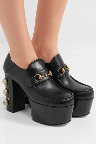 Shop Gucci Embellished Leather Platform Loafers In Black