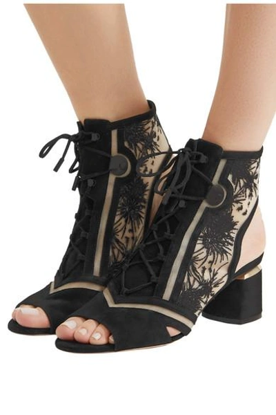 Shop Nicholas Kirkwood Phoenix Cutout Embroidered Mesh And Suede Sandals