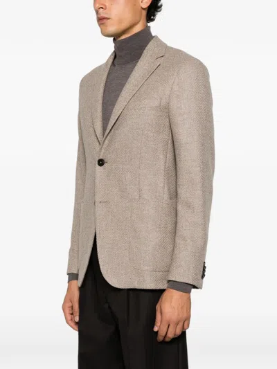 Zegna Herringbone-pattern Wool-blend Jacket In Brown