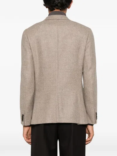 Zegna Herringbone-pattern Wool-blend Jacket In Brown