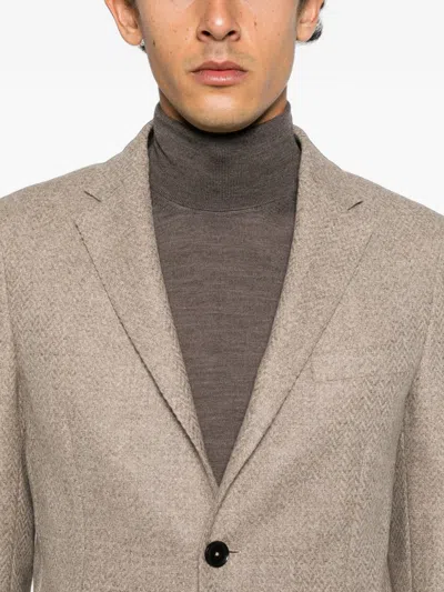 Zegna Herringbone-pattern Wool-blend Jacket In Brown