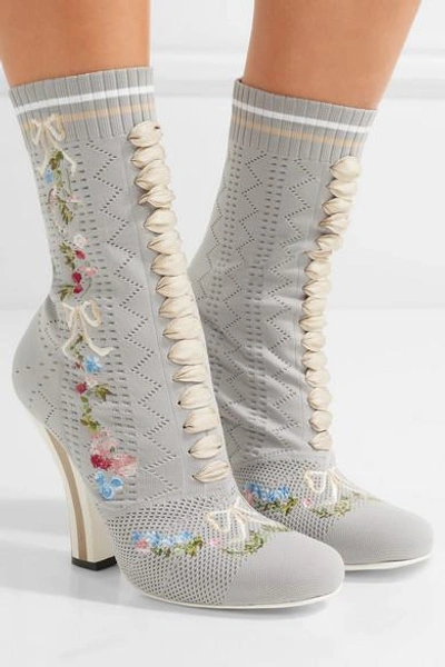 Shop Fendi Embroidered Stretch-knit Ankle Boots