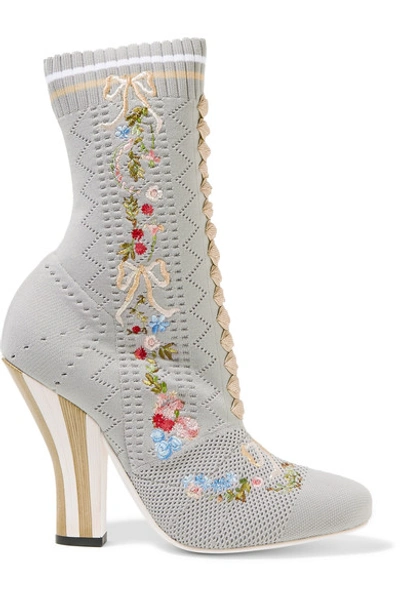 Shop Fendi Embroidered Stretch-knit Ankle Boots