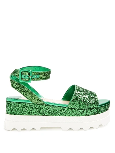 Miu Miu Bi-colour Glitter Flatform Sandals In Emerald-green