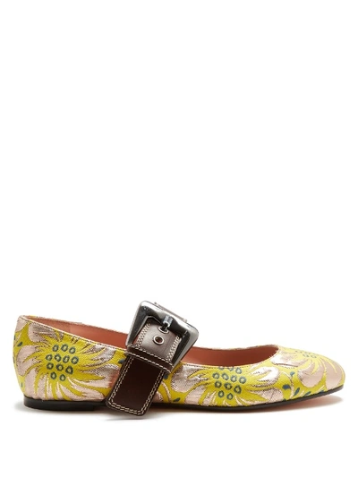 Rochas Mary-jane Floral Brocade Flats In Yellow Silver