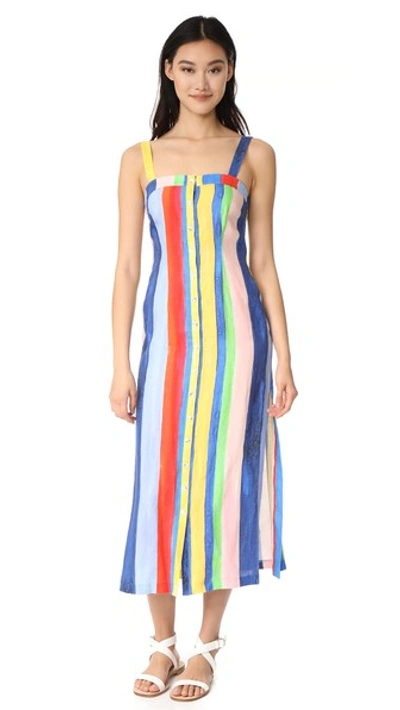 Mara Hoffman Rainbow Watercolour Stripe-print Midi Linen Dress In Rainbow  Watercolor Stripe | ModeSens