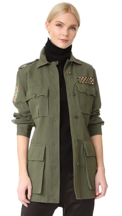 Figue Safari Embellished Cotton And Linen-blend Twill Jacket In Fatigue Green