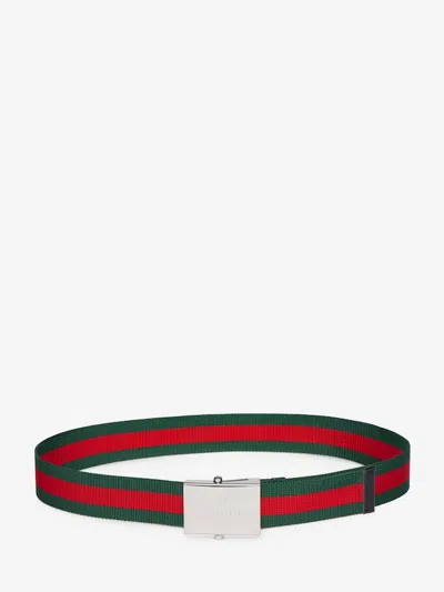 Gucci Belt With Web Ribbon And Rectangular Buckle In Green