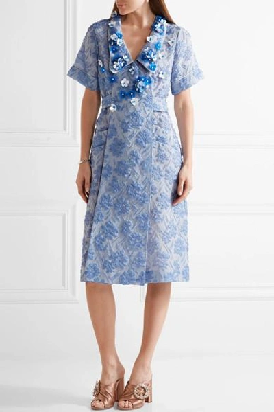 Shop Miu Miu - Floral-appliquéd Silk-blend Cloqué Wrap Dress - Light Blue