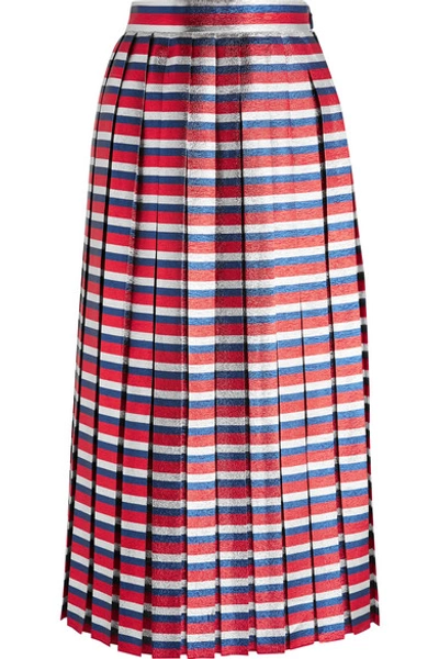 Shop Gucci Pleated Striped Silk-blend Lamé Midi Skirt