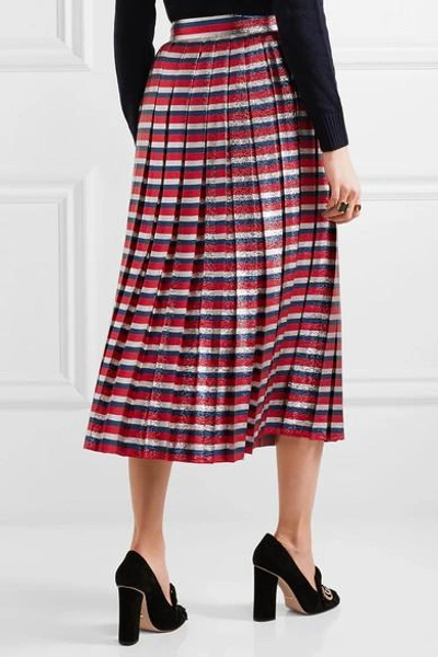 Shop Gucci Pleated Striped Silk-blend Lamé Midi Skirt