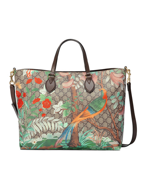Gucci Leather-trimmed Printed Coated-canvas Tote In Beige | ModeSens