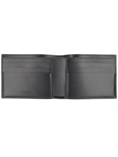 Ferragamo Rectangular Black Leather Wallet With Discreet Logo In Pattern
