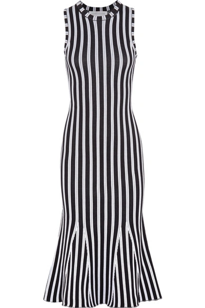 Victoria Beckham Woman Fluted Ribbed Striped Cotton-blend Dress Midnight Blue In White-navy