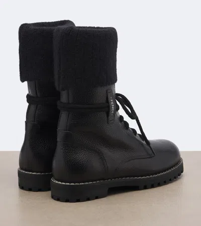 Fendi Commando Mohair-cuff Leather Boots In Black
