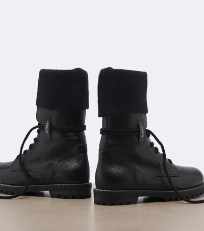 Fendi Commando Mohair-cuff Leather Boots In Black