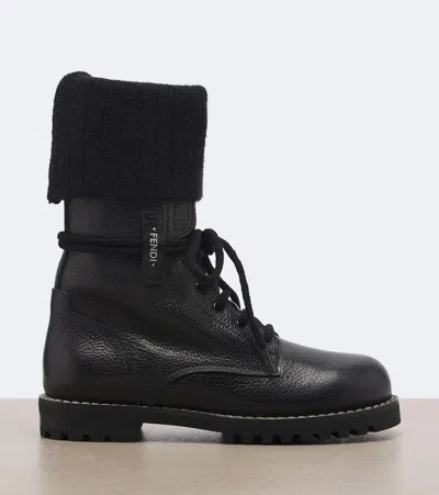 Fendi Commando Mohair-cuff Leather Boots In Black