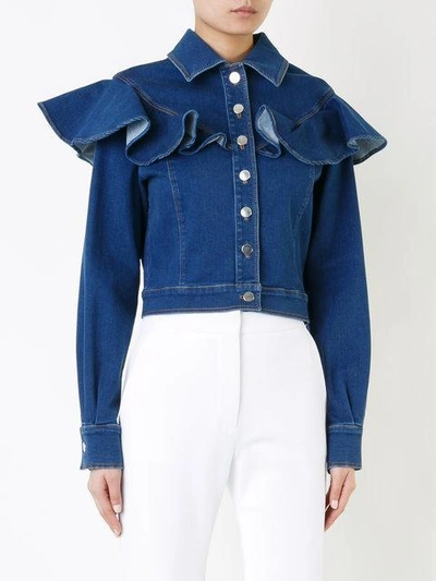 Shop Sara Battaglia Ruffled Denim Jacket In Blue