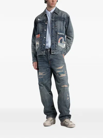Evisu Distressed Patchwork Jeans In Blue
