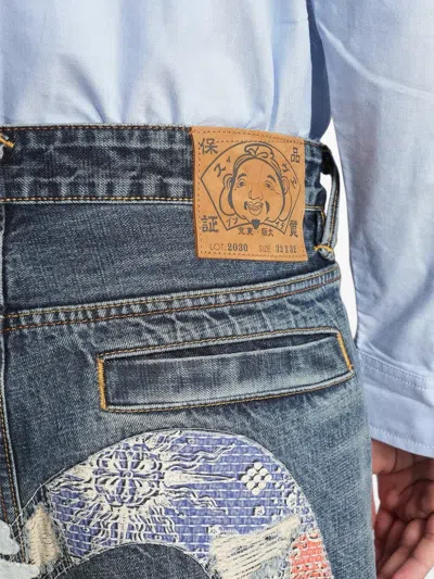 Evisu Distressed Patchwork Jeans In Blue