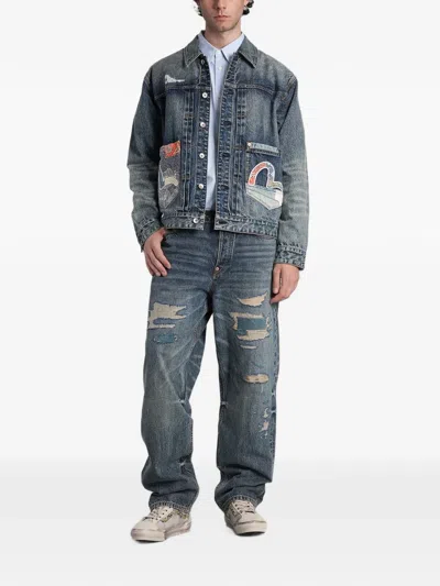 Evisu Patchwork Seagull Denim Jacket In Blue