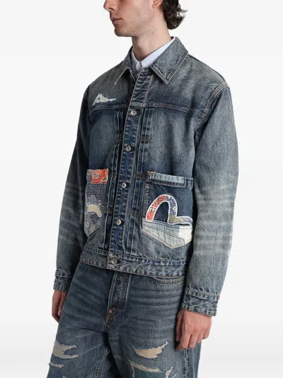 Evisu Patchwork Seagull Denim Jacket In Blue