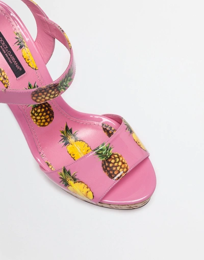 Shop Dolce & Gabbana Sandals With A Cork Wedge And Print In Pineapple Print