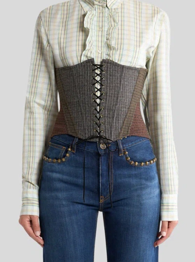 Etro Wool Corset Belt With Micro Houndstooth Pattern In Gray