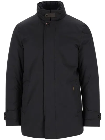 Moorer Gorner-kn Quilted Down Jacket With High Collar And Buttoned Flap In Blue