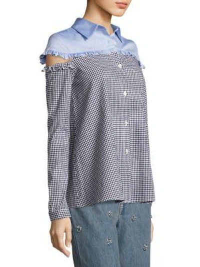 Shop Sandy Liang Ev Cut-out Gingham Shirt In Gingham Light Blue