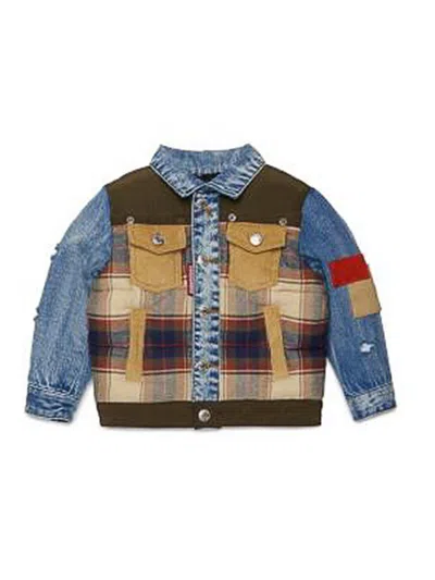 Dsquared2 Kids Patchwork Checked Denim Jacket In Multi