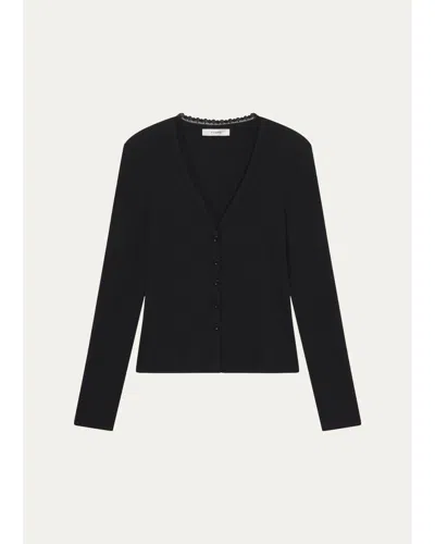 Frame Button-front Long-sleeve Knit Top In Black