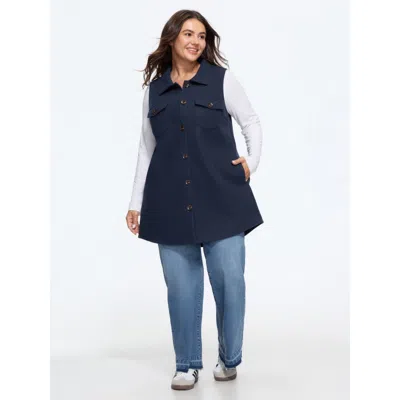 Bloomchic Collared Button Down Pocket Sleeveless Jacket In Blue