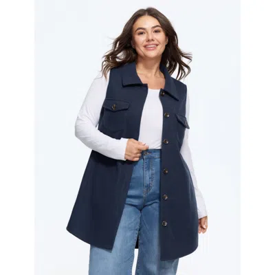 Bloomchic Collared Button Down Pocket Sleeveless Jacket In Blue
