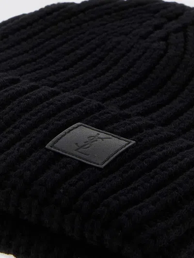 Saint Laurent Ribbed-knit Logo-patch Beanie Hat In Black