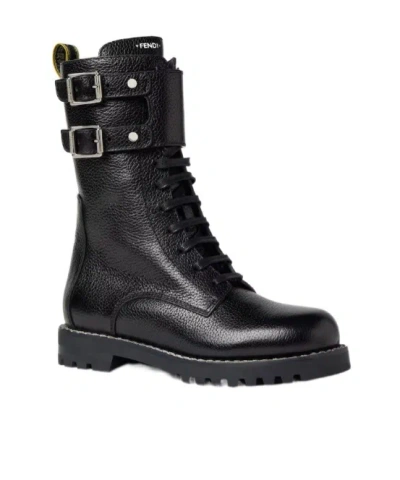 Fendi Commando Black Leather Boots In Black
