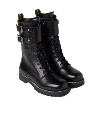 Fendi Commando Black Leather Boots In Black